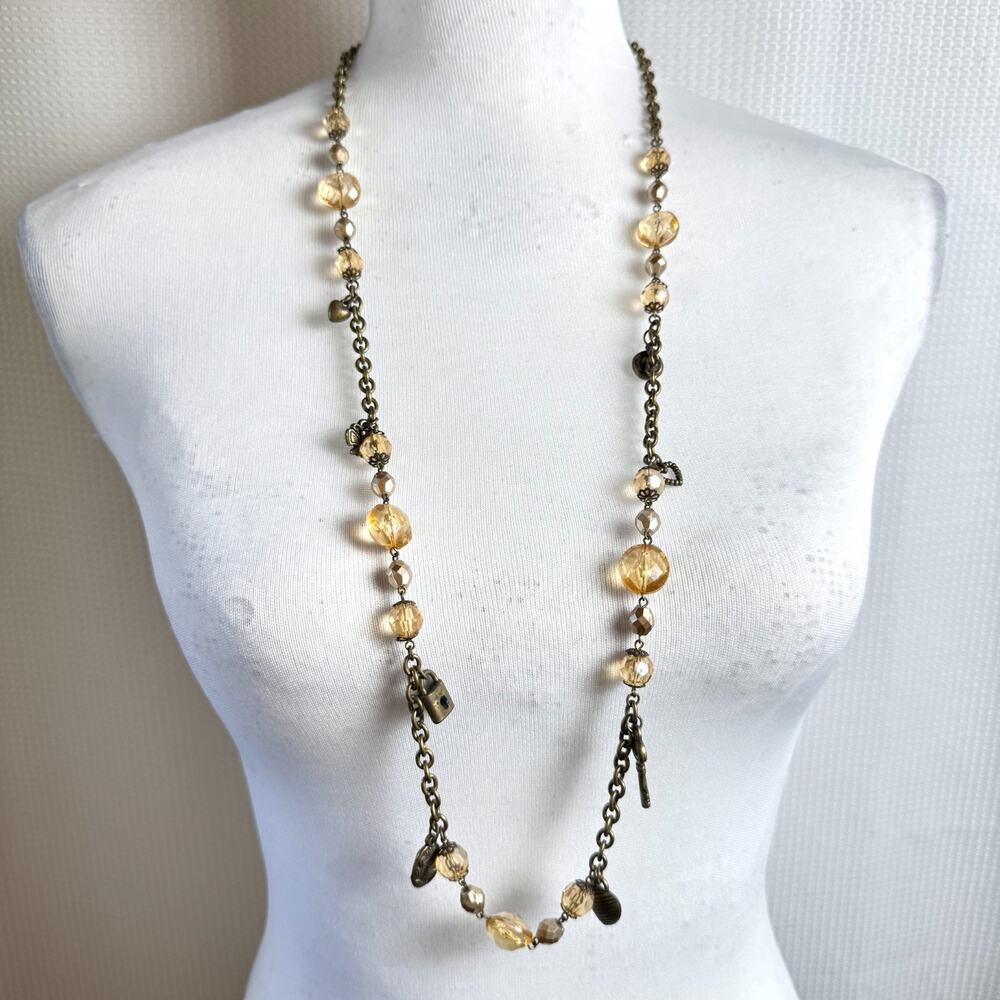 Vintage Robert Rose Necklace Long AB Charm Gold Tone Heart Lock Key Cameo EUC